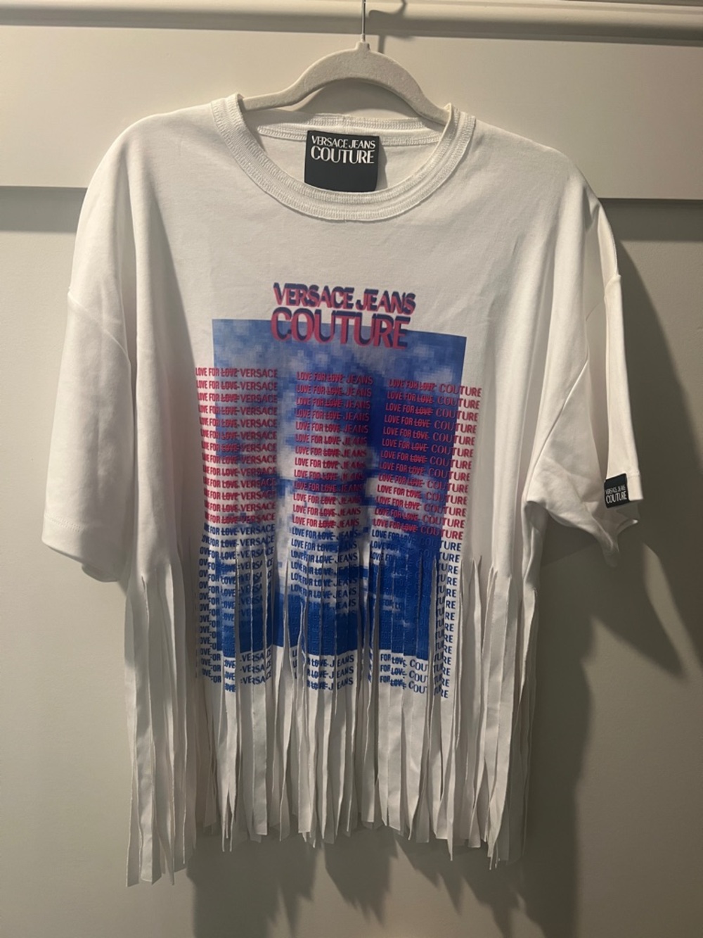 Versace Jeans Collection White Tee with Blue and Red Graphic and Fringe
